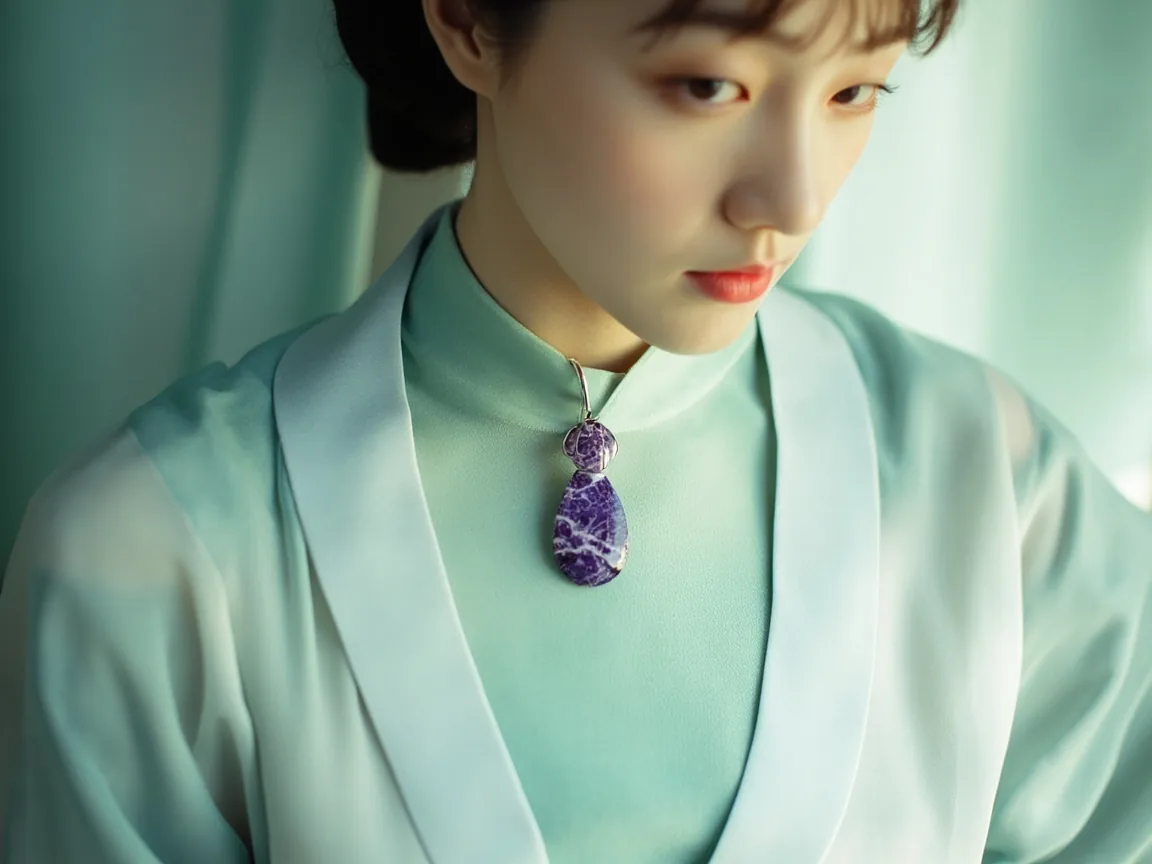 浅蓝绿色汉服配皇家紫舒俱来吊坠,仙气与传统并存